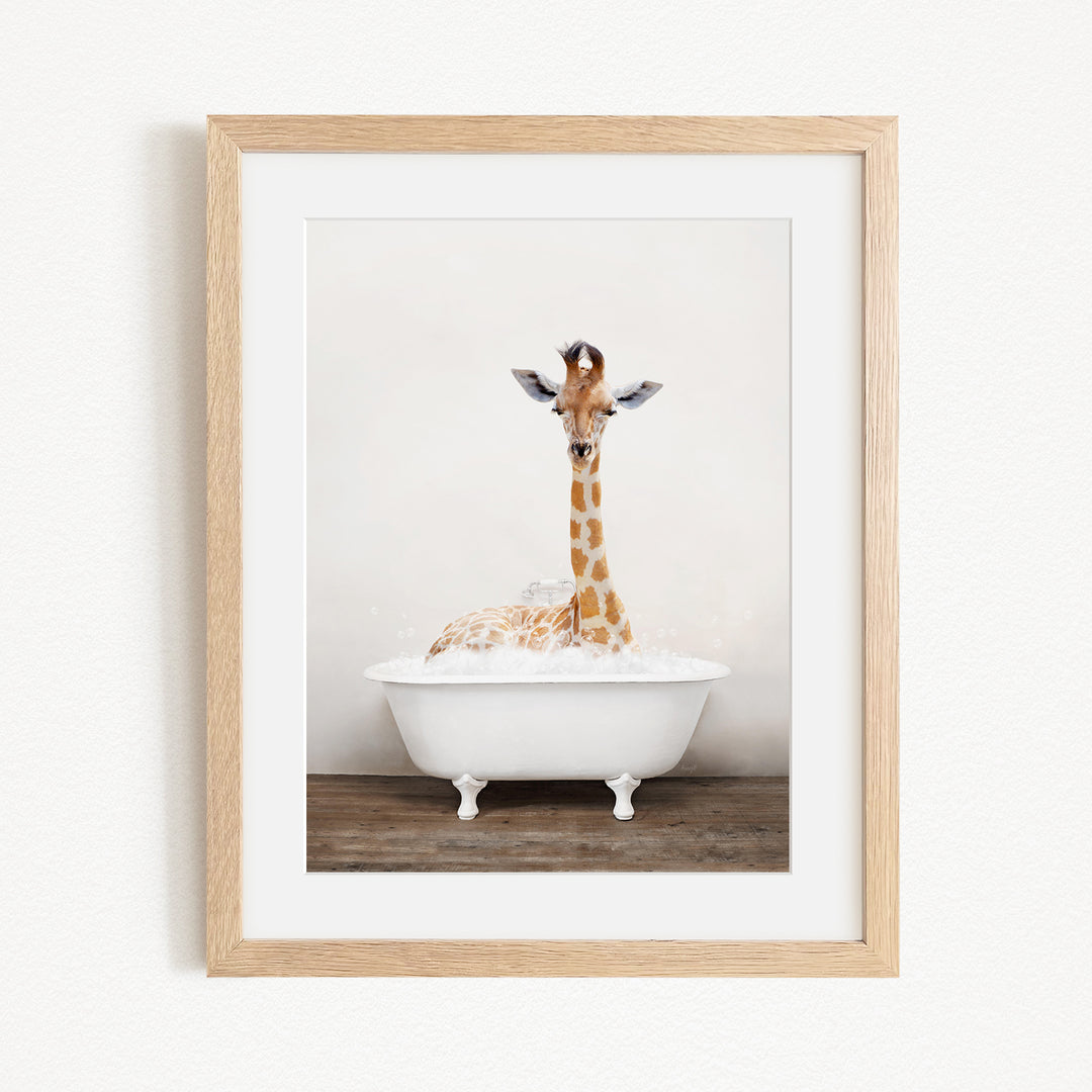 A giraffe sitting in a white bathtub filled with water, creating a whimsical and playful scene.