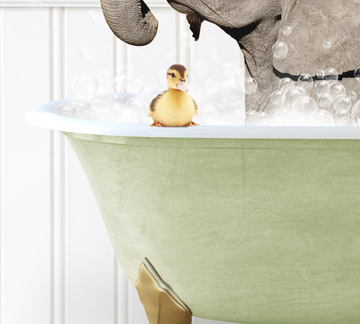 an elephant and a rubber duck in a bathtub