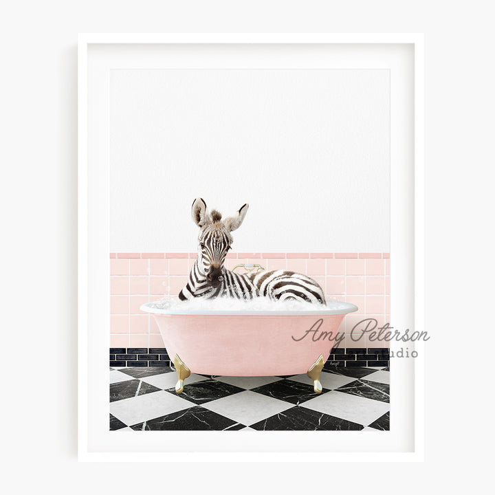 a zebra laying in a bathtub with a pink wall behind it