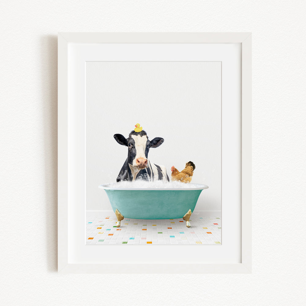 A black and white cow is sitting in a green bathtub filled with bubbles, with a chicken and a duck nearby, creating a whimsical and playful scene.