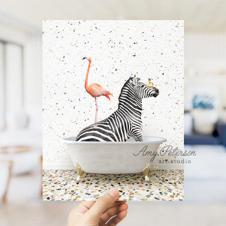 a zebra in a bathtub with a flamingo on top of it