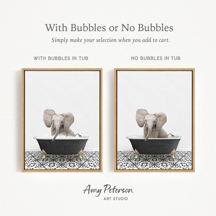The image is a collage of two pictures, each featuring an elephant sitting in a bathtub. The elephant in the bathtub has bubbles, while the elephant in the other bathtub does not have bubbles. The collage is titled "With Bubbles or No Bubbles" and is created by Amy Peterson from Art Studio.