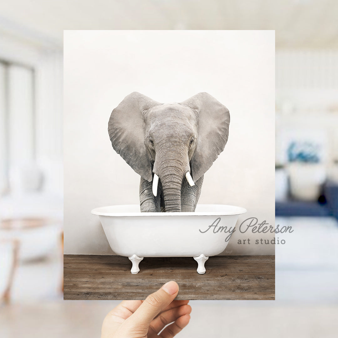 a person holding up a picture of an elephant in a bathtub