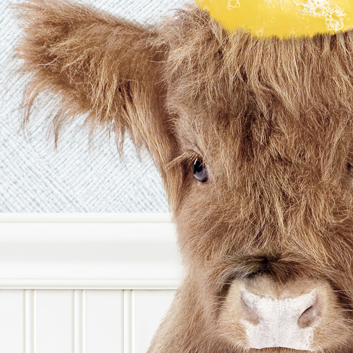 a close up of a cow with a yellow hat on its head