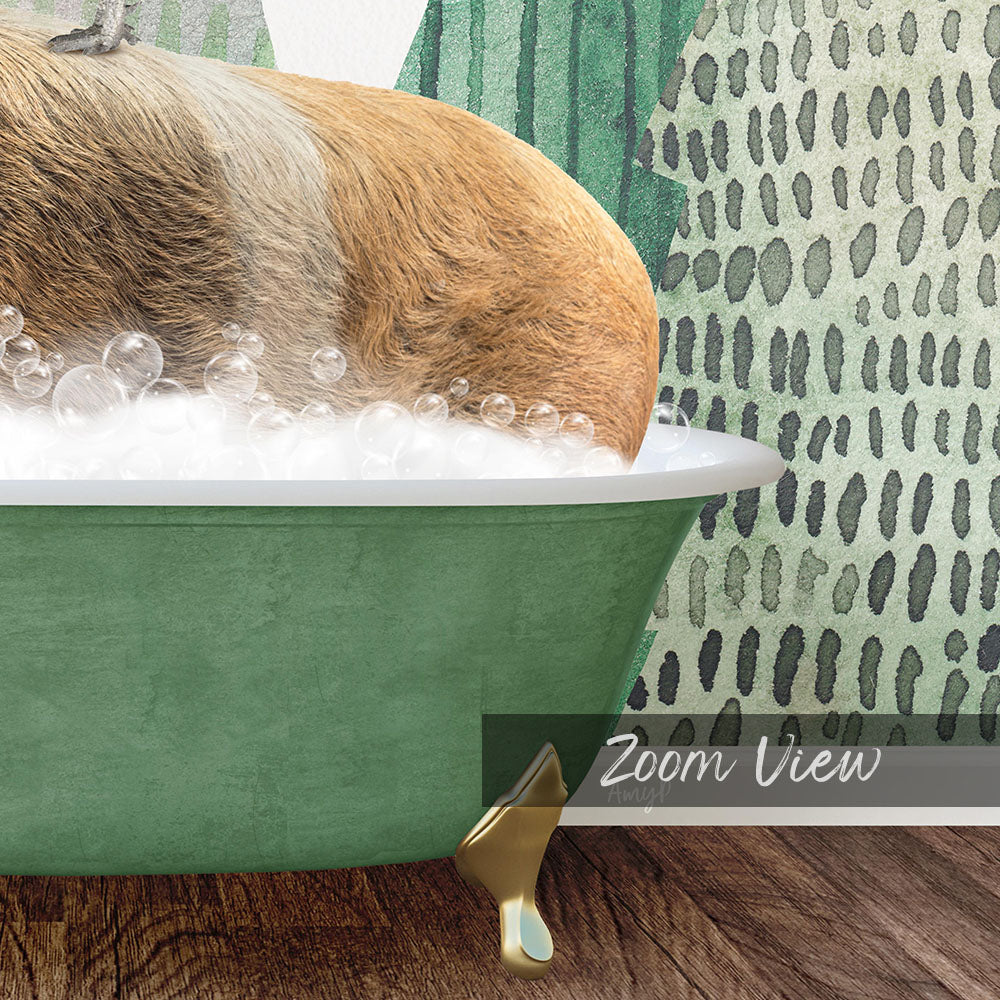 A dog is sitting in a green bathtub filled with bubbles, enjoying a relaxing bath.