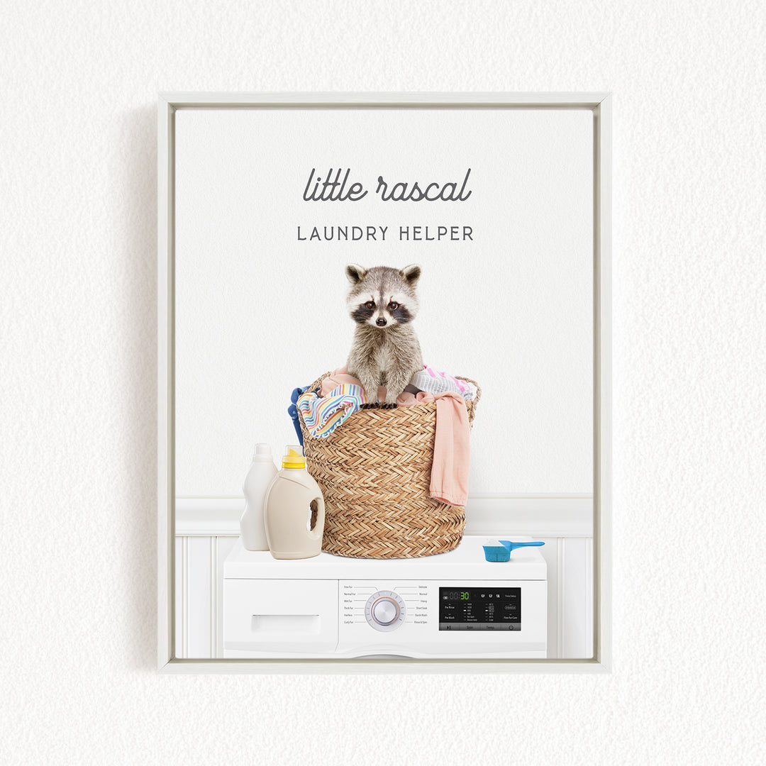 A raccoon sitting on a basket of laundry, with various laundry supplies such as detergent and a washing machine visible in the background.