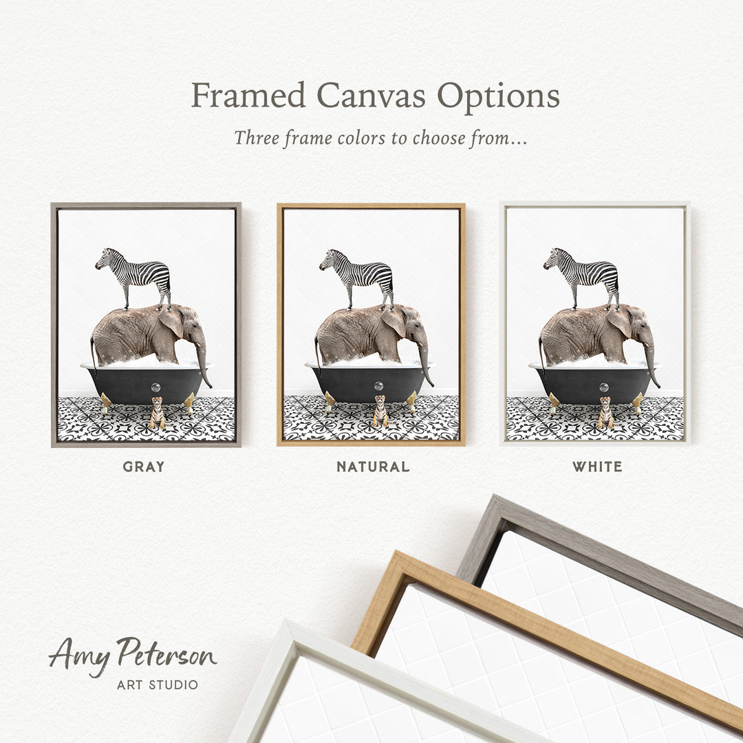 three framed canvas options, each featuring a different animal - a zebra, an elephant, and a dog - on a white background. The options include a gray, a natural, and a white frame.