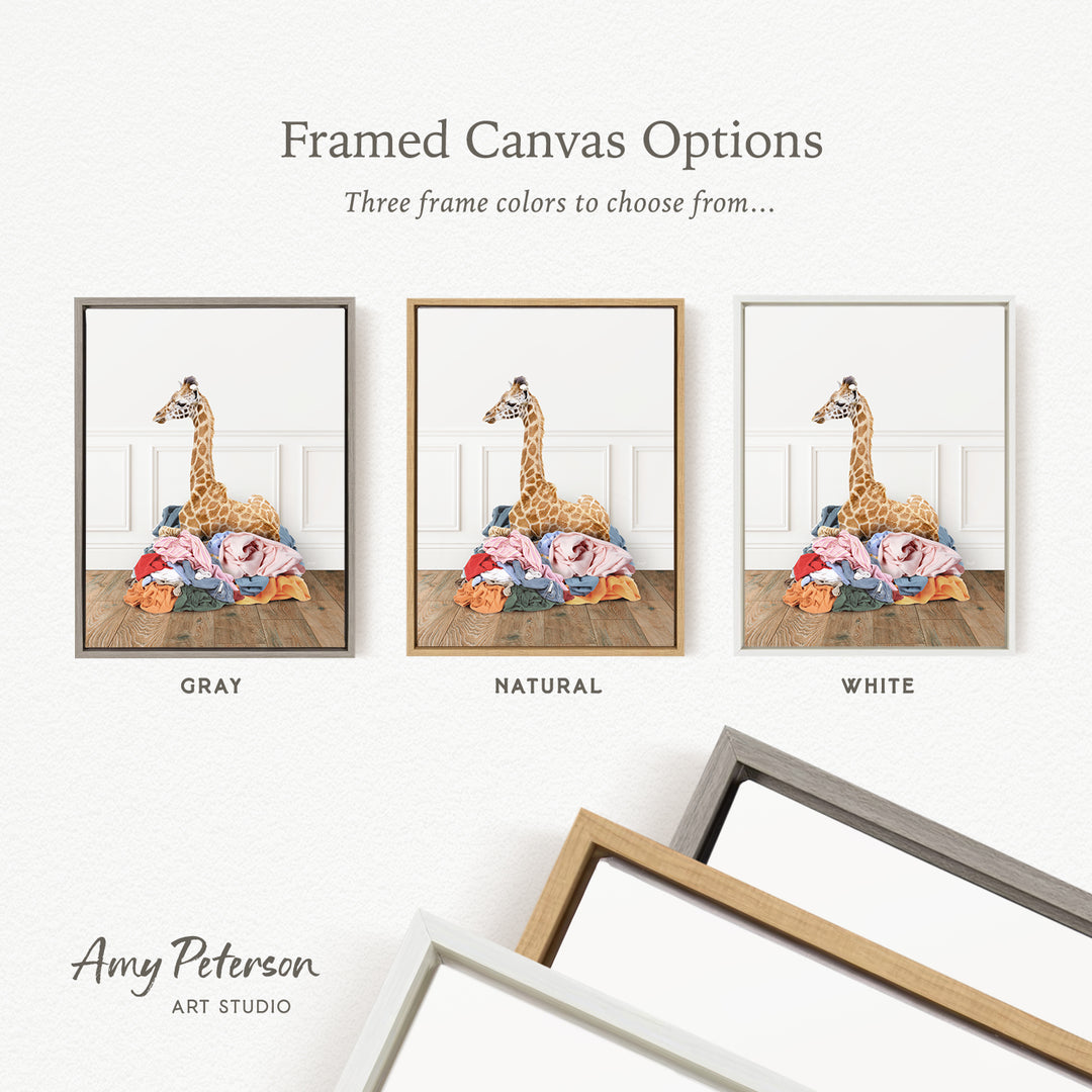 three framed canvas options, each featuring a giraffe in a different color: gray, natural, and white.