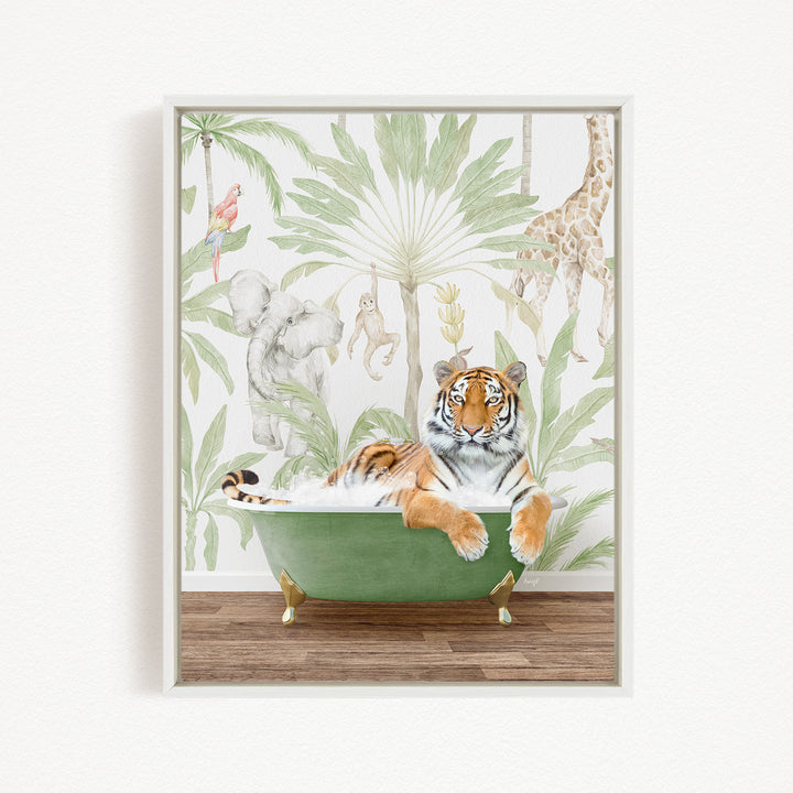 A tiger is sitting in a green bathtub, surrounded by various animals such as a parrot, elephant, and giraffe, all set against a tropical wallpaper backdrop.