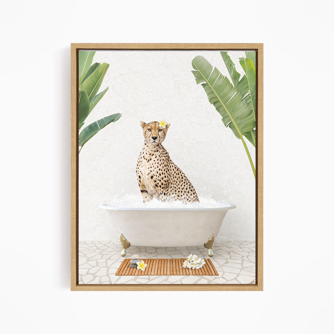 A cheetah sitting in a bathtub filled with water, surrounded by tropical plants and flowers.