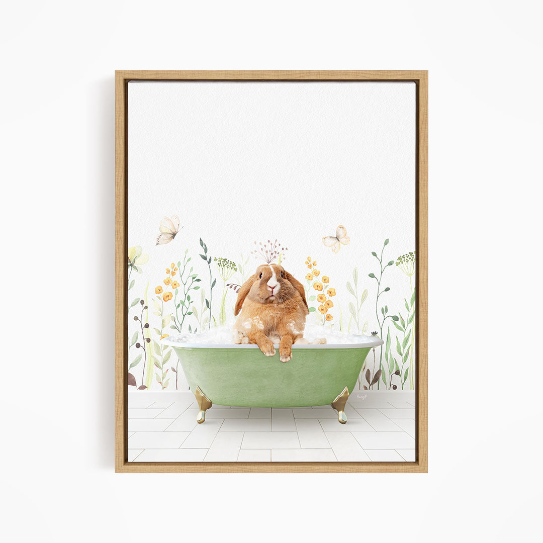 A brown rabbit sitting in a green bathtub filled with bubbles, surrounded by flowers and butterflies.