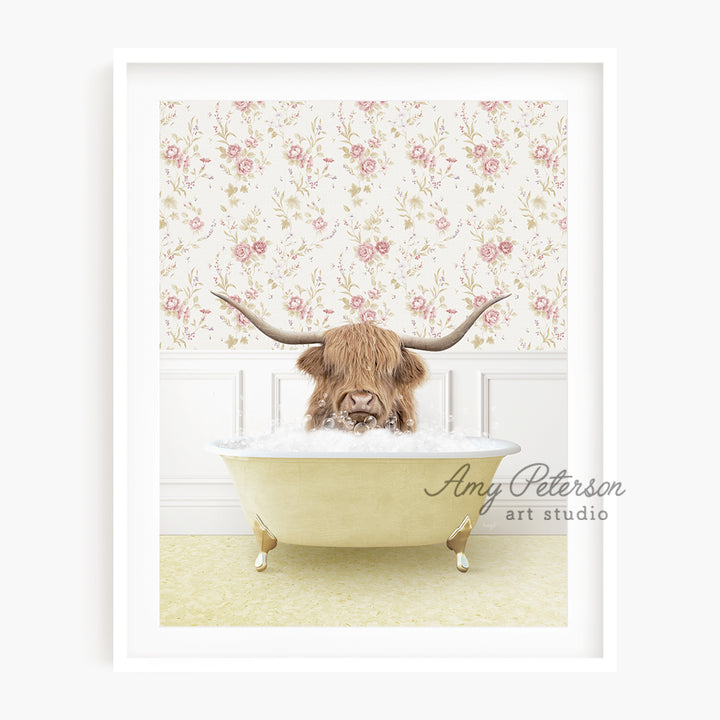 a bull with long horns sitting in a bathtub