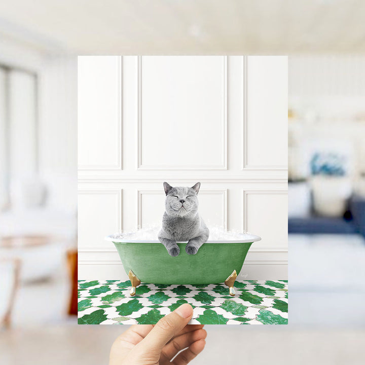 A gray cat sitting in a green bathtub filled with bubbles, with a hand holding the image up to the viewer.