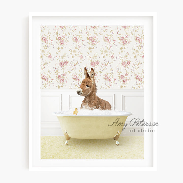 a dog sitting in a bathtub with a flowered wallpaper behind it