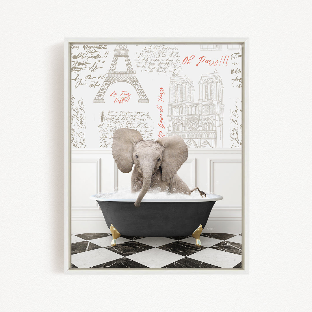 A gray elephant sitting in a black bathtub filled with water, surrounded by a checkered floor and a wall with the Eiffel Tower and other Parisian landmarks.