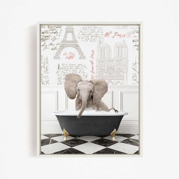 A gray elephant sitting in a black bathtub filled with water, surrounded by a checkered floor and a wall with the Eiffel Tower and other Parisian landmarks.