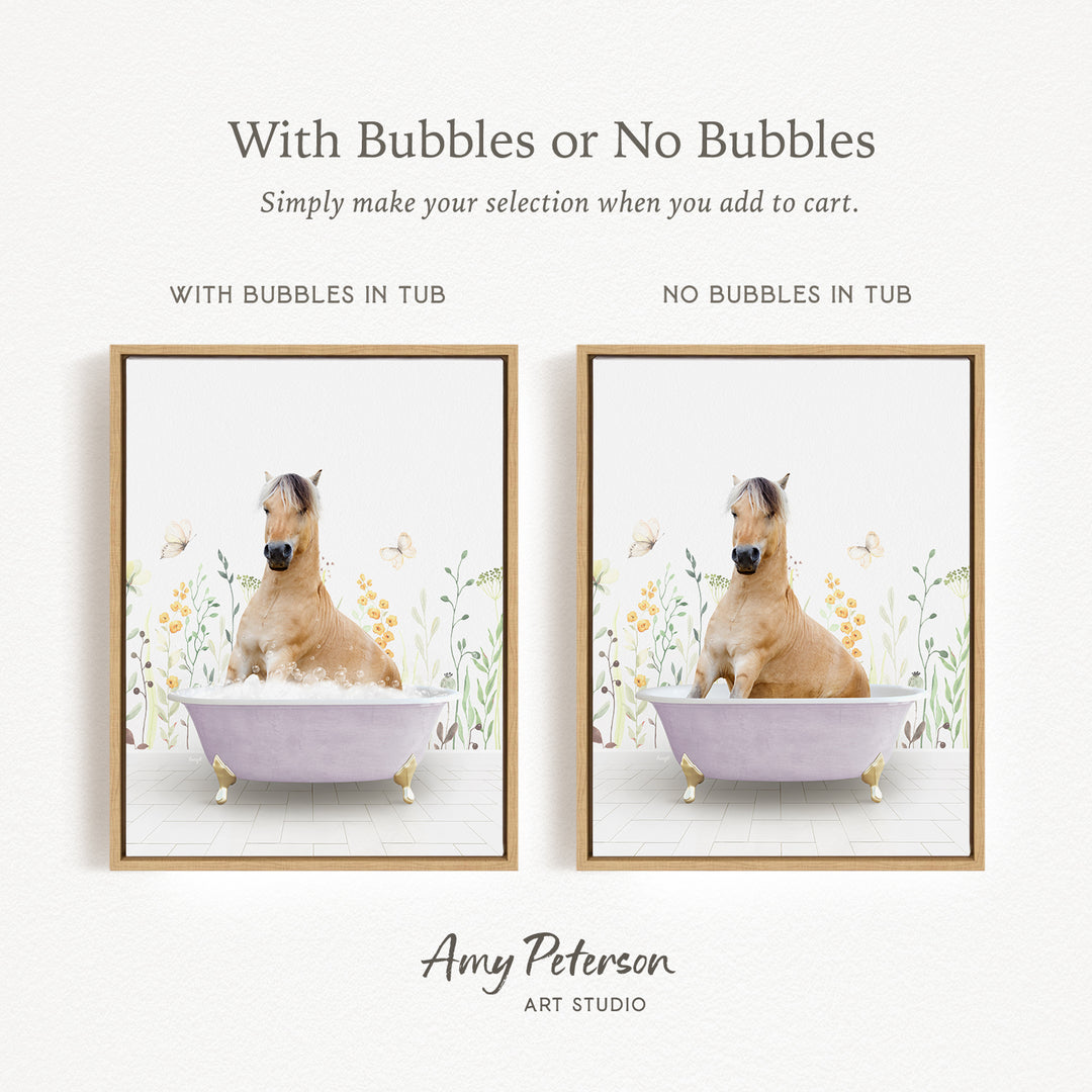 The image is a collage of two pictures, each featuring a horse in a bathtub. The first picture shows a horse sitting in a tub with bubbles, while the second picture shows a horse sitting in a tub without bubbles. The text above the images reads "With Bubbles or No Bubbles Simply make your selection when you add to cart."