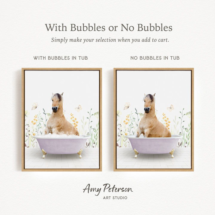 The image is a collage of two pictures, each featuring a horse in a bathtub. The first picture shows a horse sitting in a tub with bubbles, while the second picture shows a horse sitting in a tub without bubbles. The text above the images reads "With Bubbles or No Bubbles Simply make your selection when you add to cart."