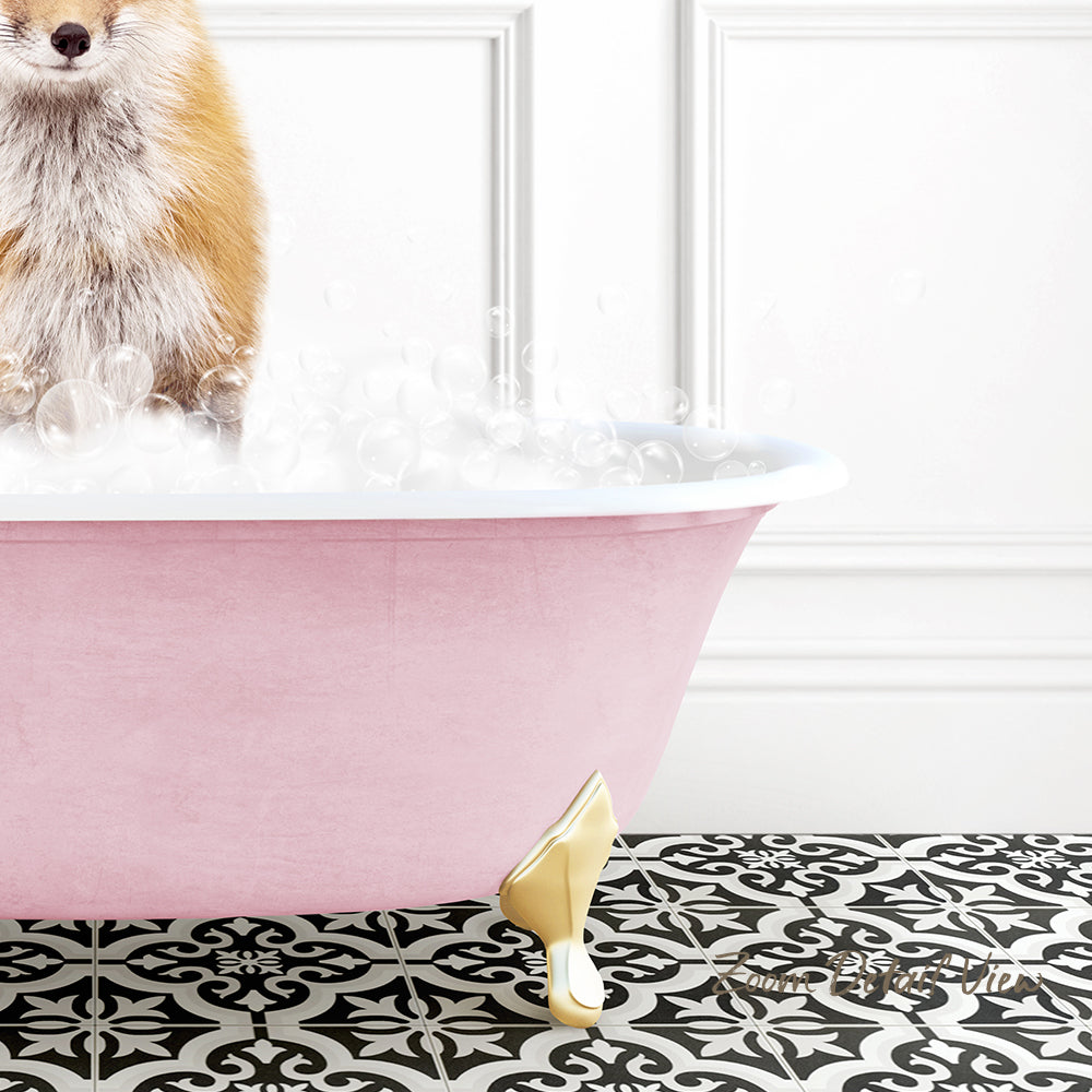 A pink bathtub filled with bubbles, with a small animal, likely a dog, sitting inside and enjoying the bath.