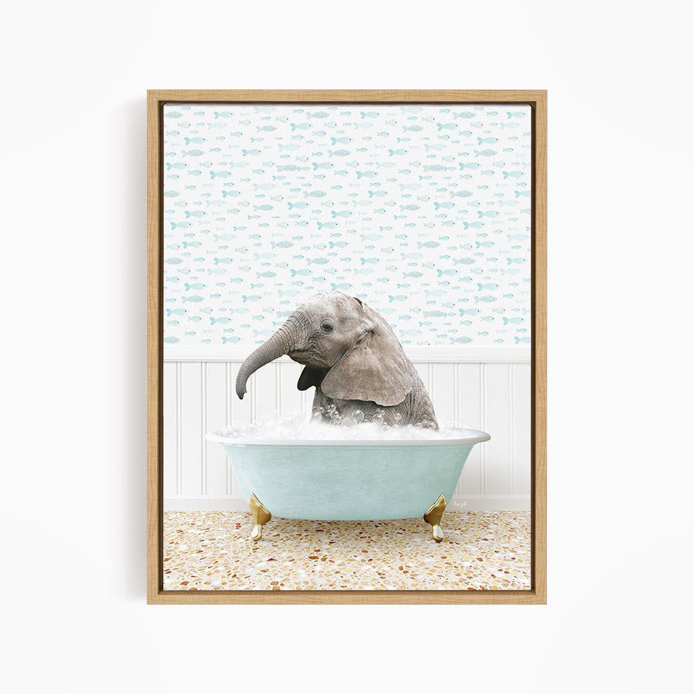 A baby elephant sitting in a bathtub filled with water, surrounded by a pattern of fish.