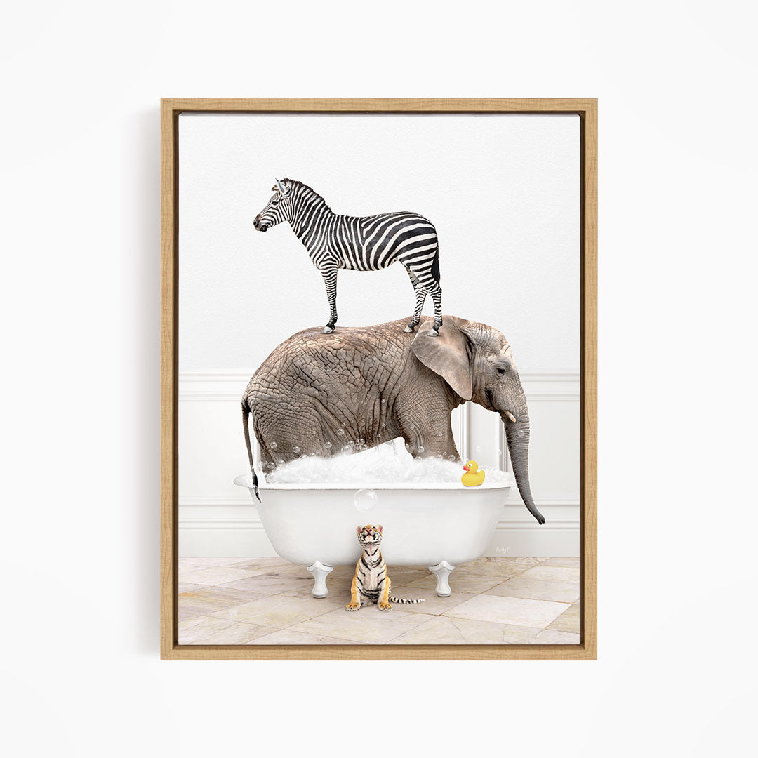 A zebra stands on an elephant's back while the elephant is submerged in a bathtub, with a small tiger figurine nearby.