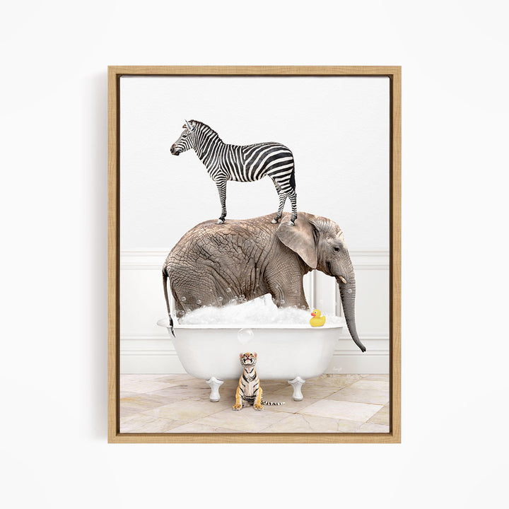 A zebra stands on an elephant's back while the elephant is submerged in a bathtub, with a small tiger figurine nearby.