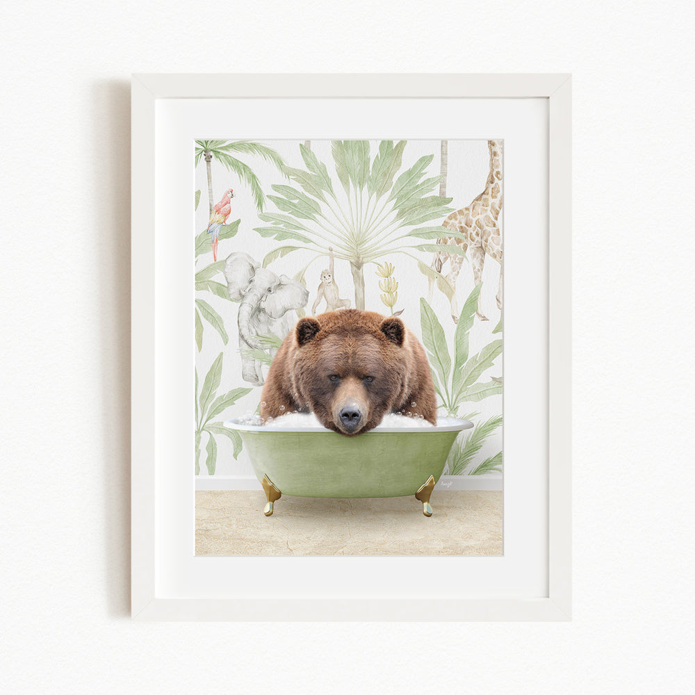 A brown bear is sitting in a green bathtub, surrounded by a tropical jungle scene with various animals and plants.