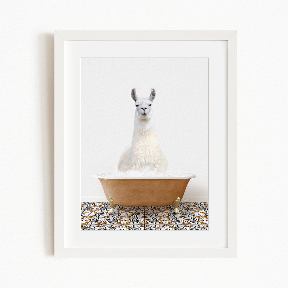 A white llama sitting in a brown bathtub filled with water, with a patterned tile floor in the background.