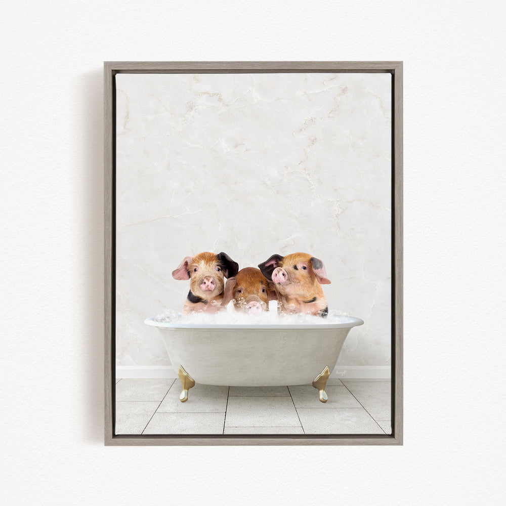 Three adorable pigs sitting in a white bathtub, enjoying a relaxing bath.