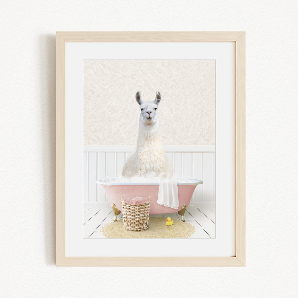 A white llama sitting in a pink bathtub, surrounded by a yellow rubber duck and a wicker basket.