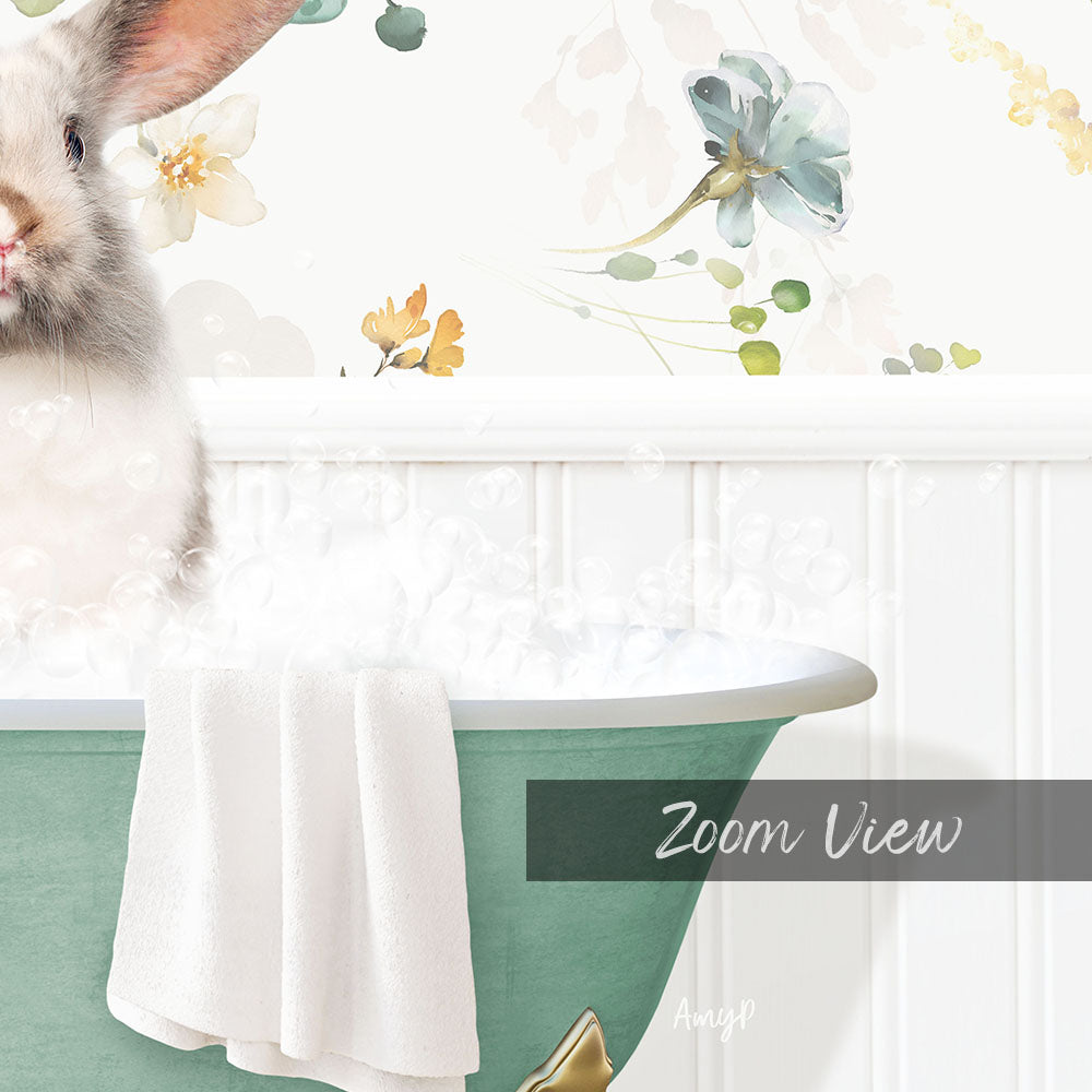 A white rabbit sitting in a green bathtub filled with bubbles, with a floral wallpaper in the background.