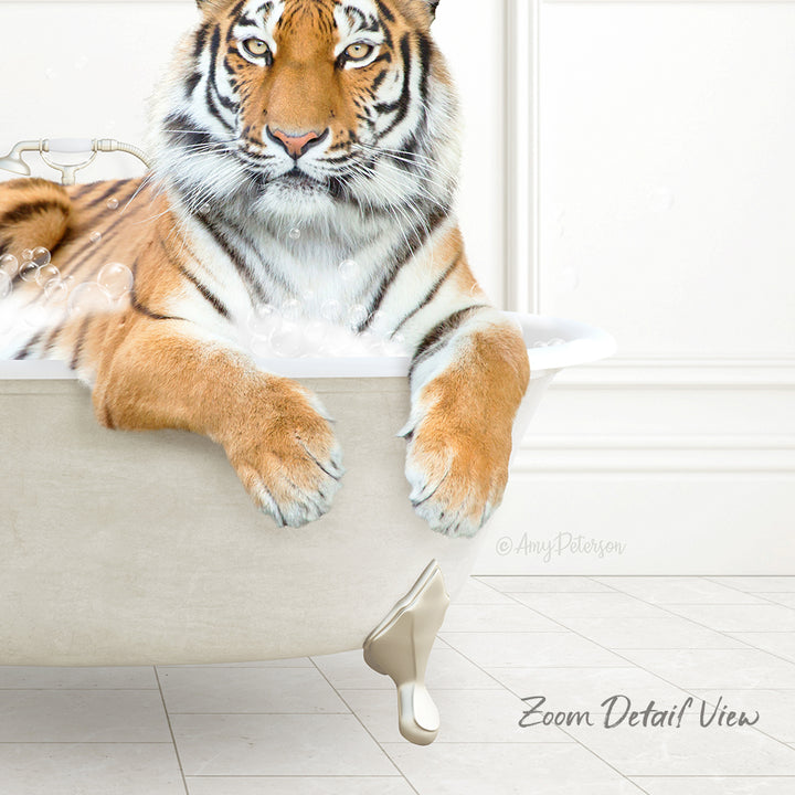 A tiger is sitting in a bathtub filled with water, appearing relaxed and enjoying the bath.