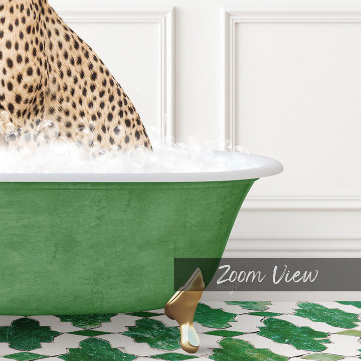 A leopard-print bathtub filled with water, with a gold bathtub leg visible.