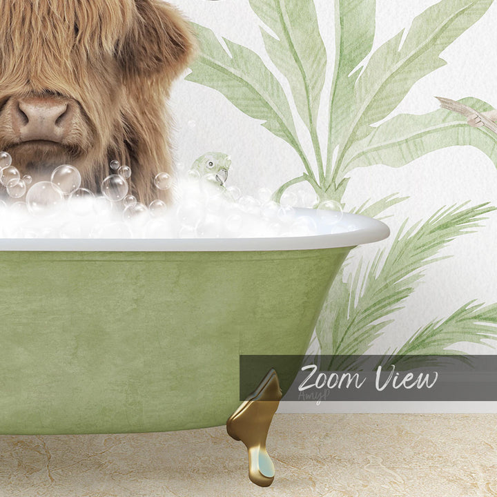 A large, furry animal, possibly a yak or a similar creature, is sitting in a green bathtub filled with bubbles, with a bird perched on the edge of the tub.