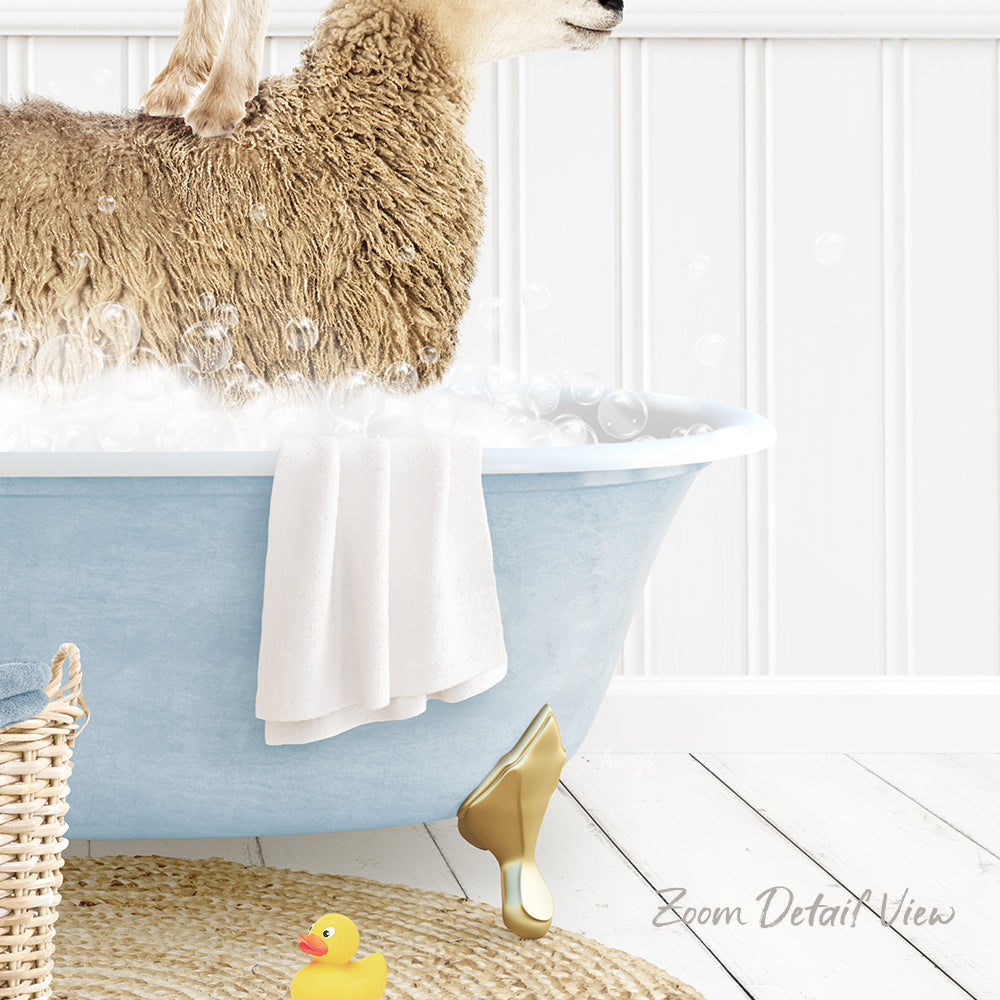 A fluffy brown sheep is sitting in a blue bathtub filled with water, surrounded by a yellow rubber duck and a white towel.
