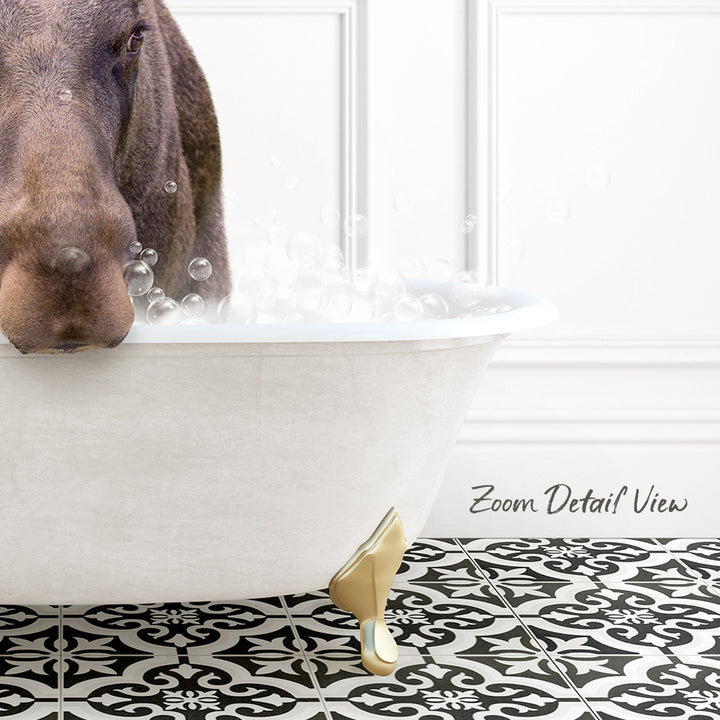A dog is standing in a bathtub filled with bubbles, creating a playful and whimsical scene.