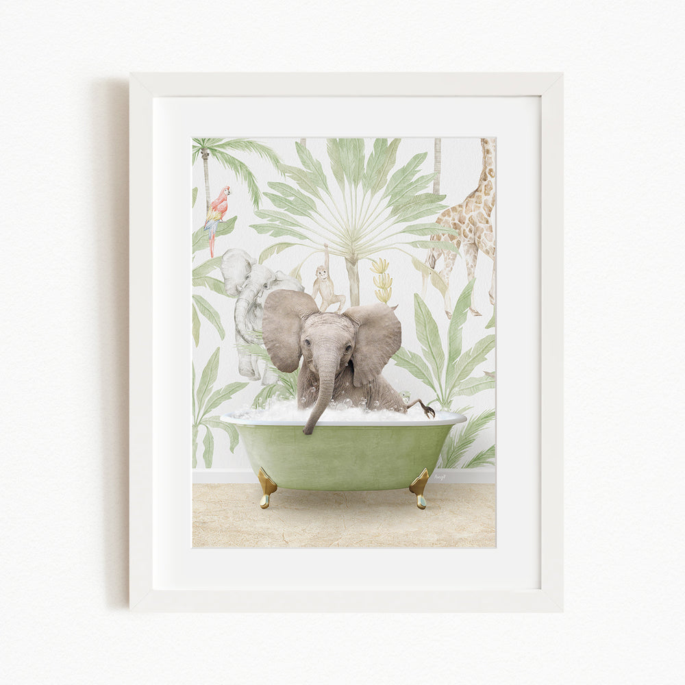A framed image depicting an elephant sitting in a green bathtub, surrounded by various animals and plants, creating a whimsical and playful scene.