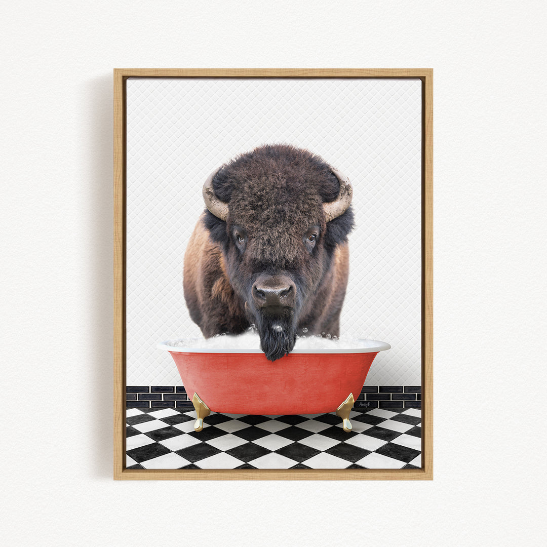 A buffalo with a black mane and horns is standing in a red bathtub filled with water, with a black and white checkered floor beneath it.