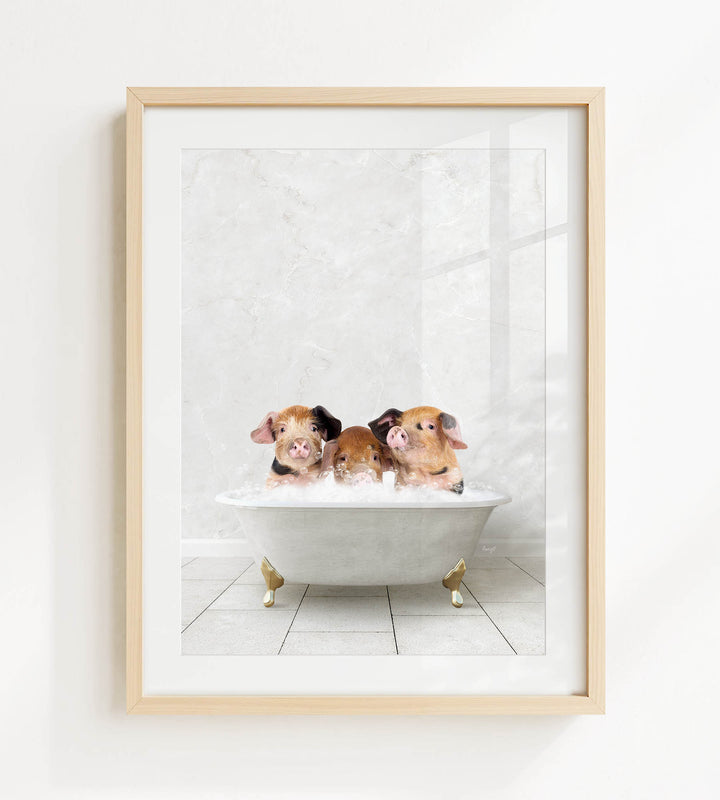 Three adorable pigs sitting in a white bathtub, enjoying a relaxing bath together.