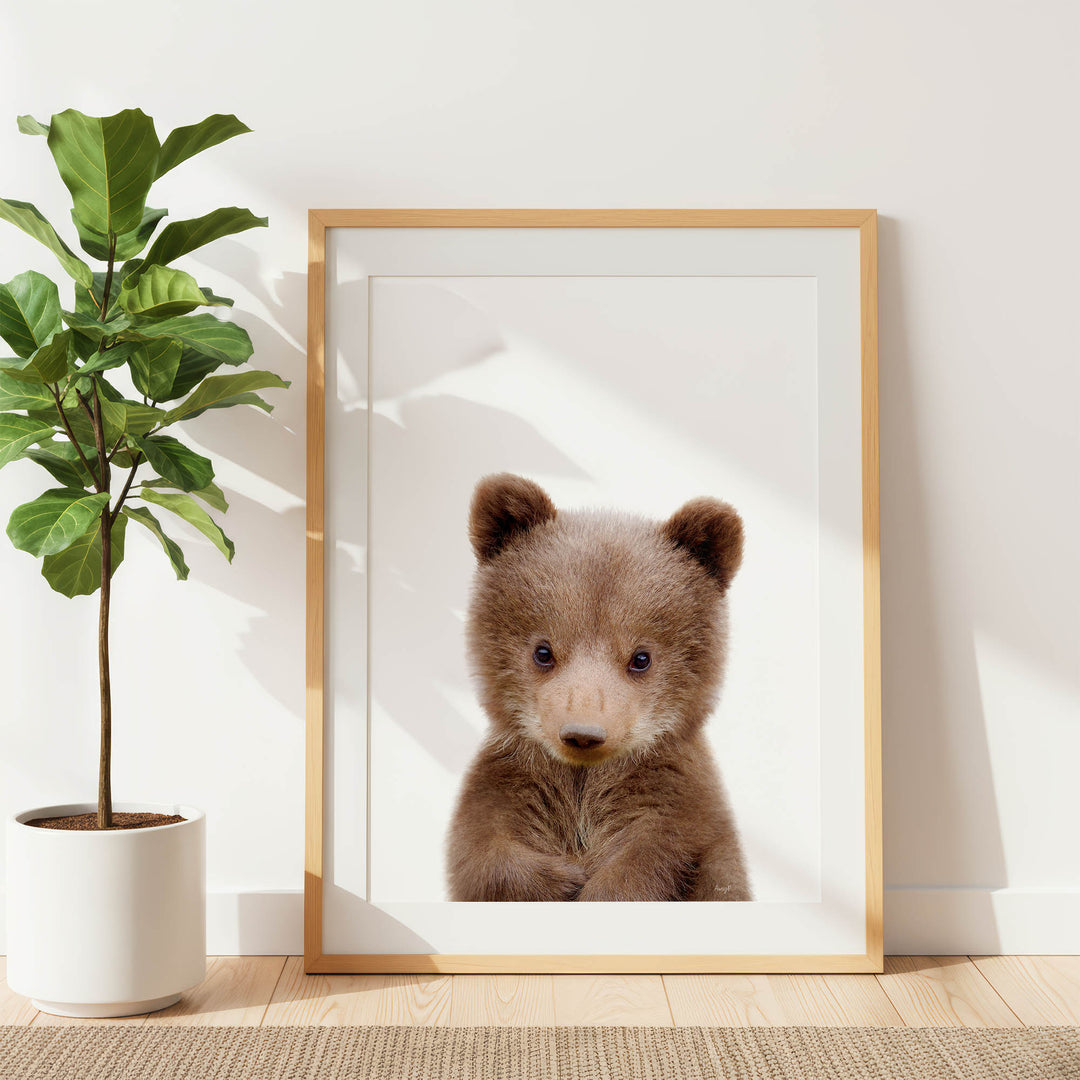 A brown bear cub peeking out from behind a white picture frame, with a potted plant to the left.