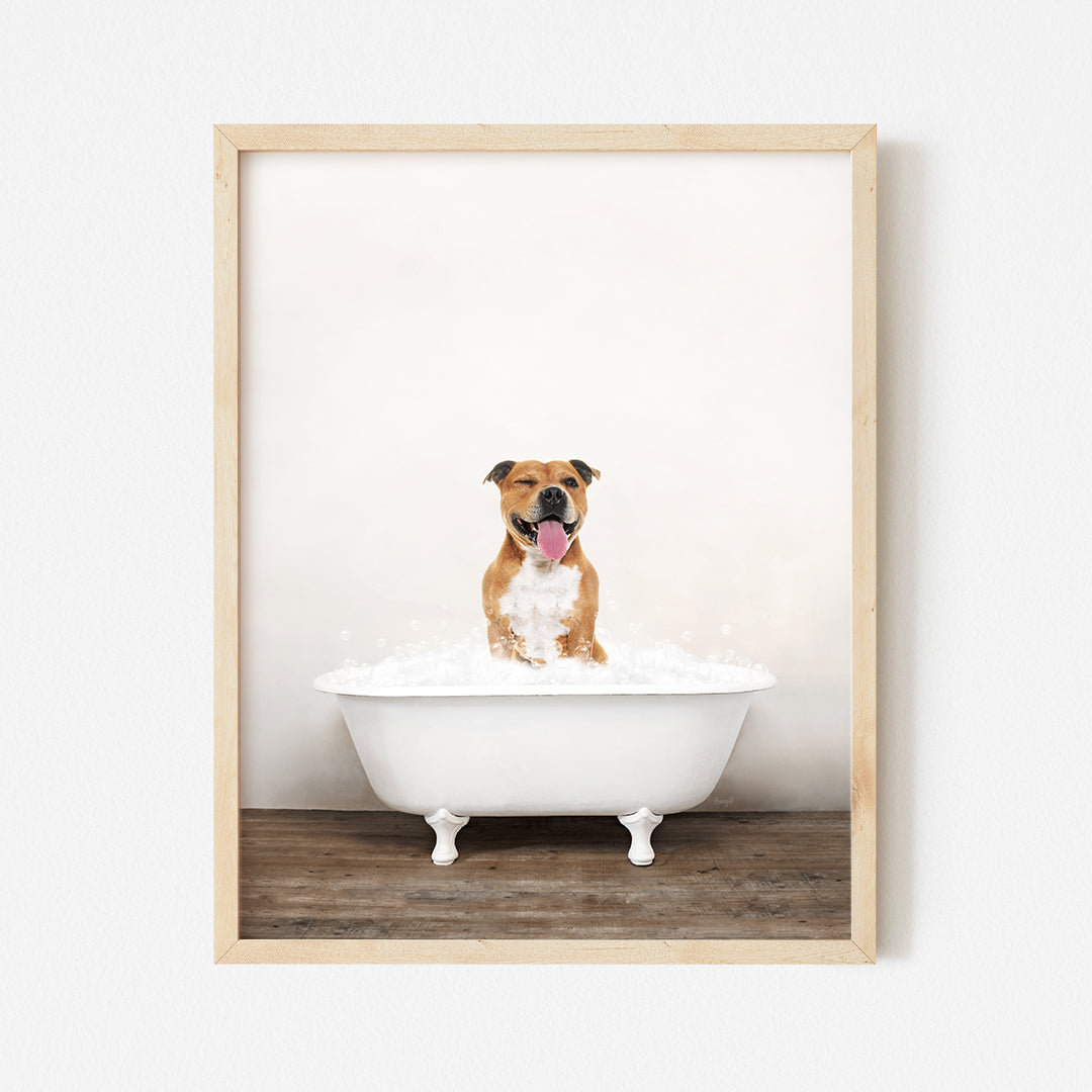 a dog taking a bath in a bathtub