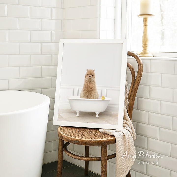A framed image of a small brown dog sitting in a white bathtub, with a yellow rubber duck floating in the water.