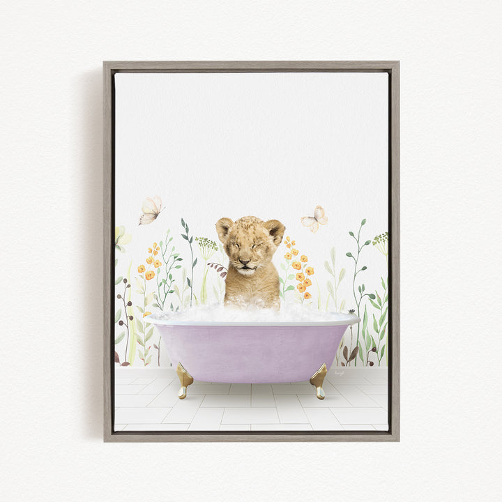 A young lion cub sitting in a purple bathtub filled with bubbles, surrounded by flowers and butterflies.