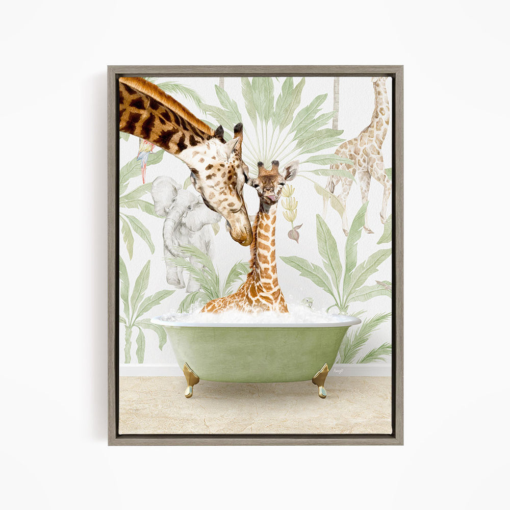 A giraffe is sitting in a green bathtub, surrounded by other giraffes and elephants in a lush, tropical setting.