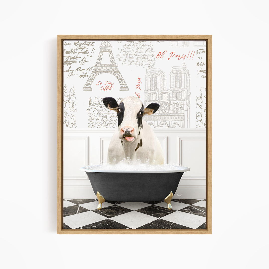 A black and white cow is sitting in a bathtub filled with water, surrounded by a Paris-themed background with the Eiffel Tower and other landmarks.