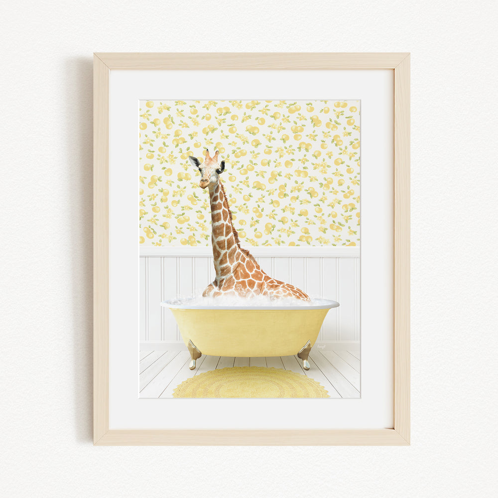 A giraffe sitting in a yellow bathtub filled with water, surrounded by a yellow floral pattern on the wall behind it.