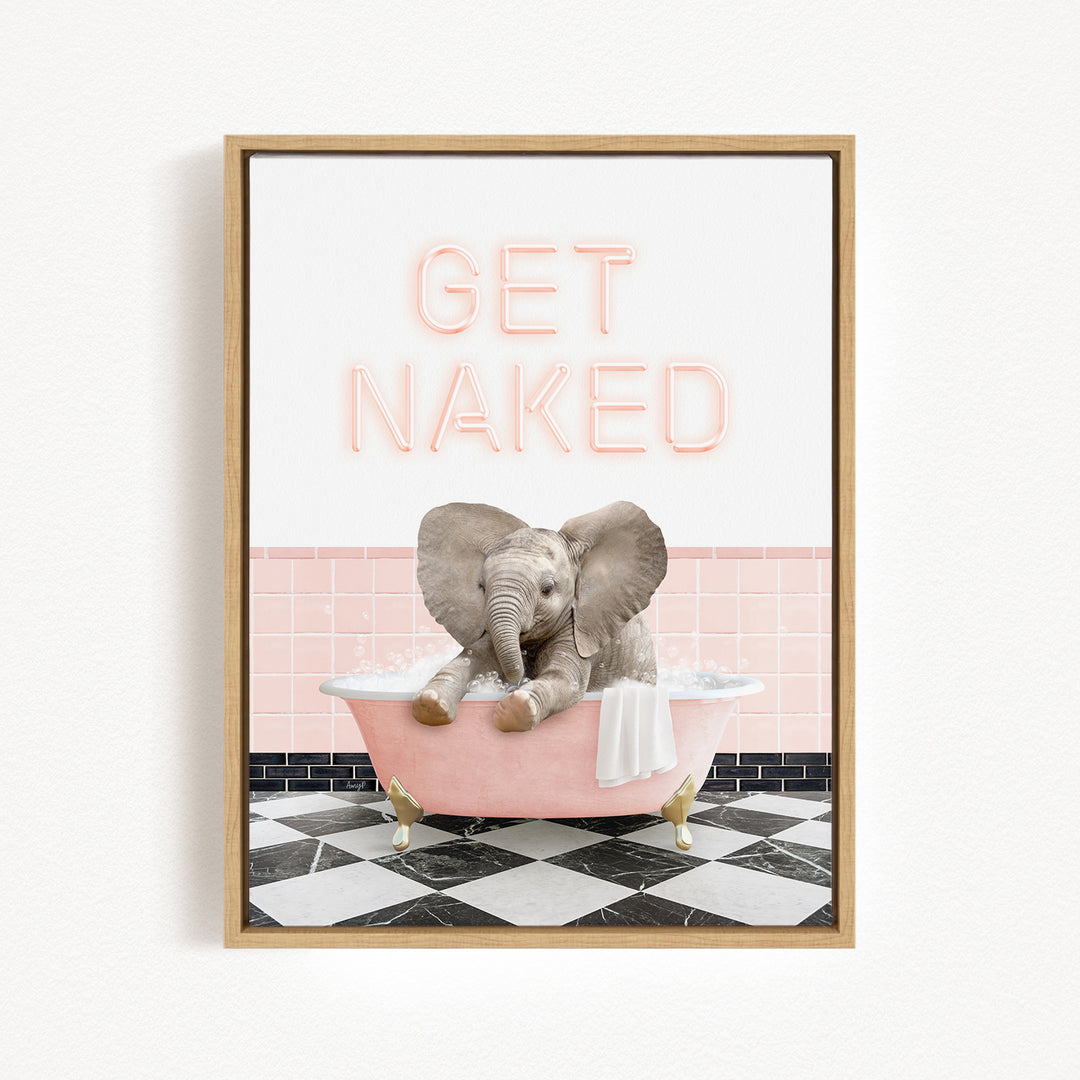 A framed image depicting a baby elephant sitting in a pink bathtub, with the text "GET NAKED" displayed above it.