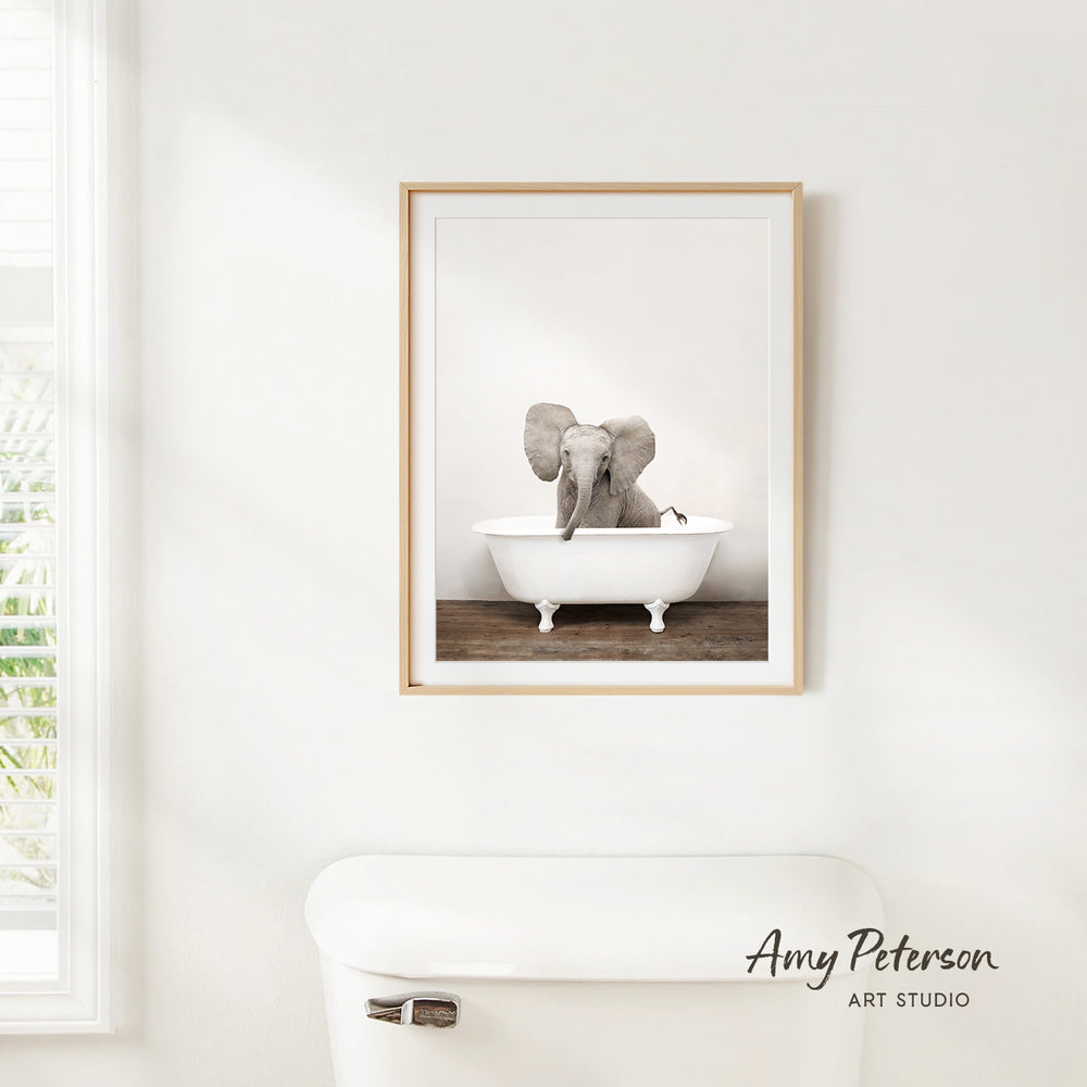 A framed photograph of an elephant sitting in a bathtub is hanging on a white wall.