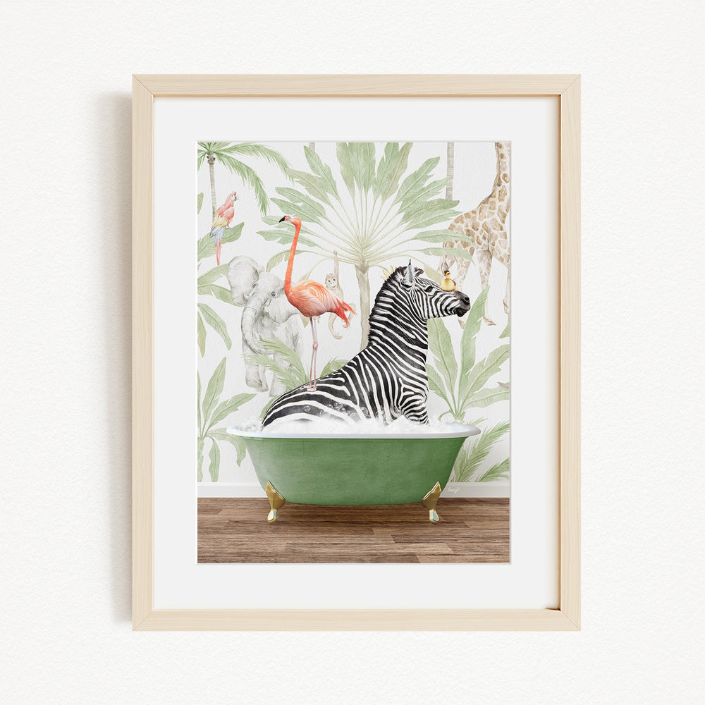 A framed illustration depicting a zebra sitting in a green bathtub, surrounded by various tropical animals such as a flamingo, giraffe, and parrot.
