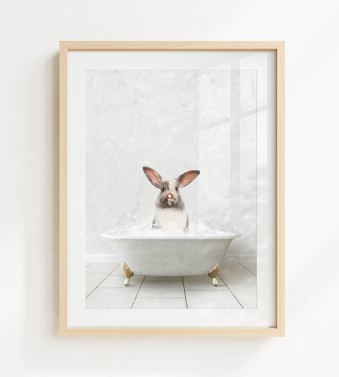 A white rabbit sitting in a white bathtub filled with water, with its head above the water's surface.